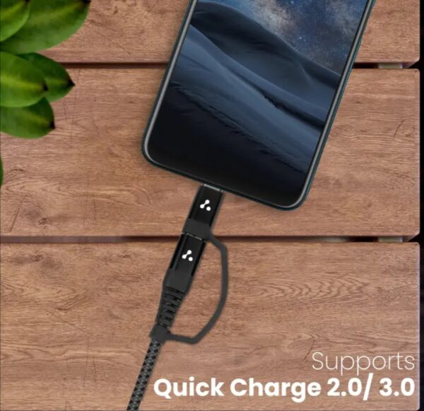 2 in1 Type-C & Micro USB Cable,3A Fast Charging, 480mbps Data Sync,1.5 Mtr Cable - Black - Image 2